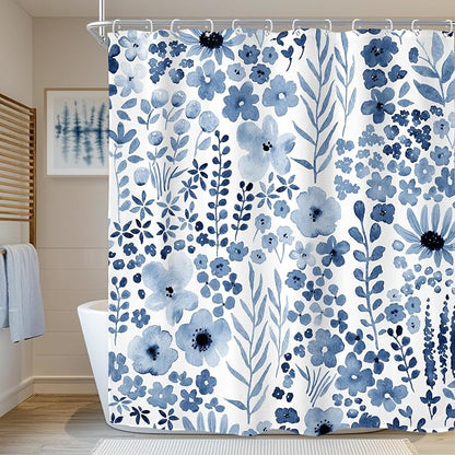 Navy Blue Floral Wildflower Watercolor Flower Bathroom Shower Curtain Set | 72"W x 72"H Leaves Botanical; waterproof HD print, quick-dry fabric with 12 hooks for easy hanging.