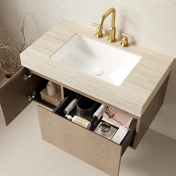 KEIKI 36 Inch Floating Bathroom Vanity with Sink, Light Brown & Beige | Modern Wall Mounted Storage Cabinet w/ Drawer & Door, Pre-assembled Wood Panels, Sintered Stone Top & Ceramic Basin Combo Set