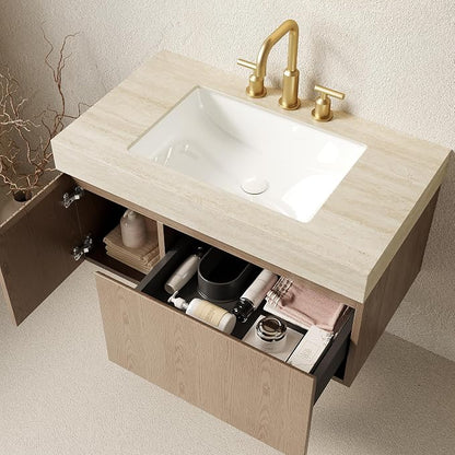 KEIKI 36 Inch Floating Bathroom Vanity with Sink, Light Brown & Beige | Modern Wall Mounted Storage Cabinet w/ Drawer & Door, Pre-assembled Wood Panels, Sintered Stone Top & Ceramic Basin Combo Set