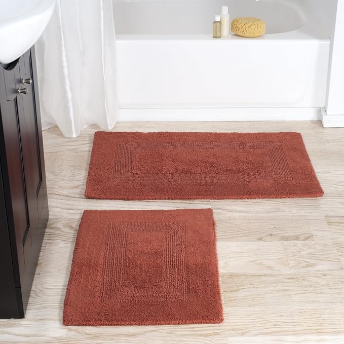 Bathroom Rugs - 2 - Piece Cotton Bathroom Mat Set - Machine Washable Bath Mats for Washroom, Kitchen, or Laundry Room by Lavish Home (Brick)