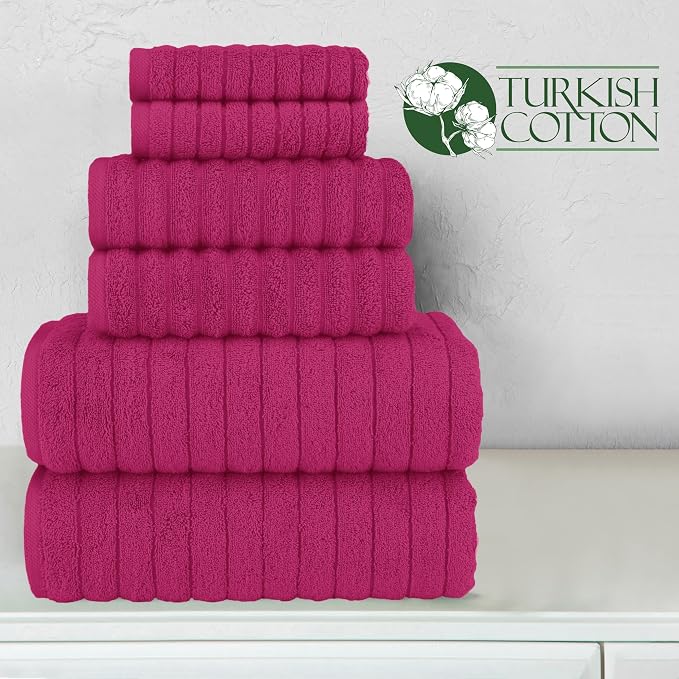 Elegant Comfort 100% Turkish Cotton Corduroy Ribbed Luxury Bath Towels 6-Piece Set, Premium Feel - Quick Dry, Highly Absorbent, Contains 2 Bath Towels, 2 Hand Towels, and 2 Washcloths, Hot Pink