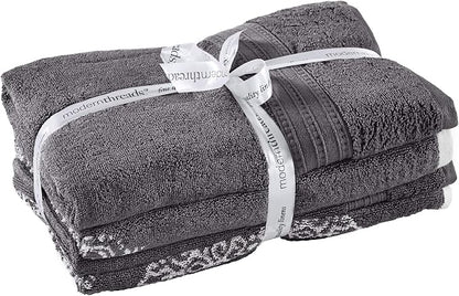 Modern Threads 6-Piece 100% Cotton Damask Medallion Towel Set, Charcoal | Highly Absorbent, Soft & Plush, Quick-Drying, 550 GSM, Color-Rich Yarn-Dyed Design, OEKO-TEX Certified