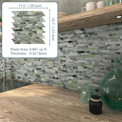 SUNWINGS 5-Sheet Peel and Stick Mosaic Natural 3D Stone Self Adhesive Marble Tiles, 11.5" x 10.7" Stick on Backsplash for Kitchen Bathroom Fireplace Vanity, Emerald Green