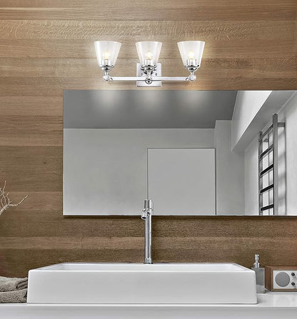 JONATHAN Y 21" Chrome Marion 3-Light Vanity Light Wall Sconce for Bathroom Decor, Clear Seeded Glass Shade, Reversible Hardwired Lamp for Mirror Hallway, LED Bulb (JYL7434A)