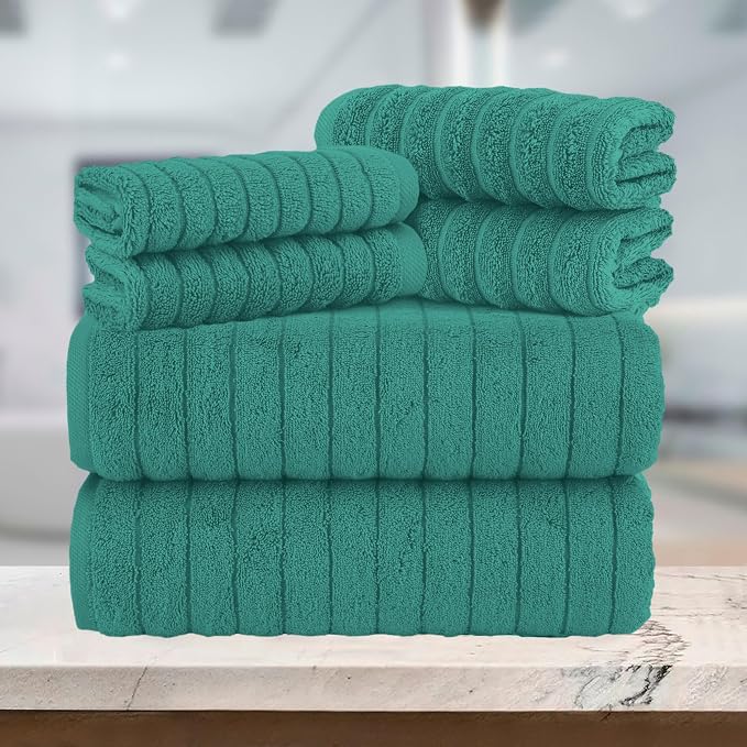 Elegant Comfort 100% Turkish Cotton Corduroy Ribbed Luxury Bath Towels 6-Piece Set, Premium Feel - Quick Dry, Highly Absorbent, Contains 2 Bath Towels, 2 Hand Towels, and 2 Washcloths, Turquoise