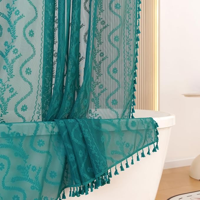 WAZZIO Teal Lace Shower Curtain for Bathroom 72" W x 84" L, Victorian Farmhouse Floral Pattern Tassel Fancy Shower Curtain Boho Washable Cloth Decorative Bath Curtains,1 Panel,Turquoise