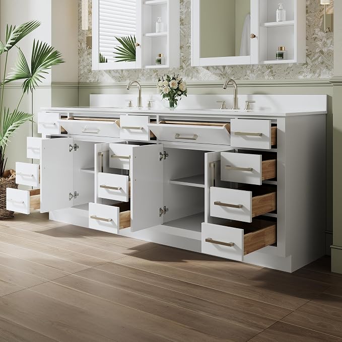 84-Inch Bathroom Vanity with Double Sinks W/ 4 Doors & 12 Drawers & 2 Flip Drawers, White Vanity W/Brushed Nickel Handles