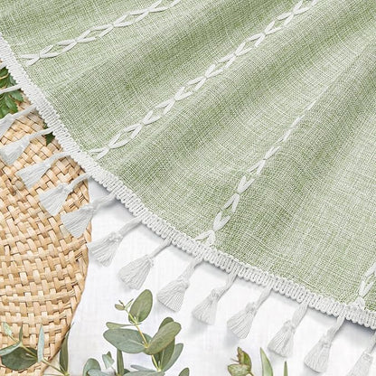 Boho Striped Tassel Linen Shower Curtain,3D Embroidery Stripe Sage,72x90 | Extra Long Floor Length,310GSM Striped Texture Heavy Duty Cloth,Water Repellent,Bohemian Luxury Farmhouse,Wrinkle Resistant