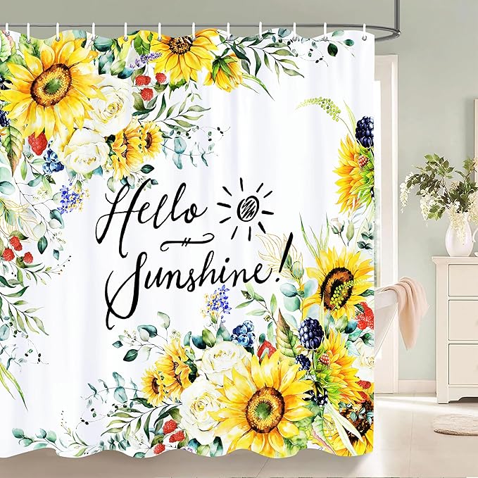 Hello Sunshine Shower Curtain Summer Sunflower Shower Curtain Set for Bathroom Decor Waterproof Machine Washable Shower Curtains with 12 Hooks, 72x72 Inch