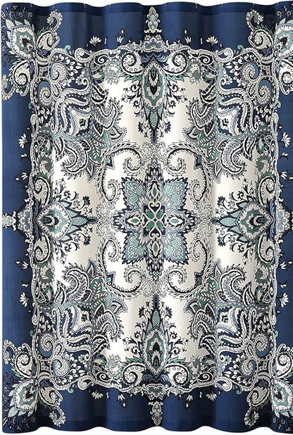 Serafina Home Boho Shower Curtain, Navy Teal White Mandala Floral Design, Fabric, 72 x 72 inches, Stain-Resistant, Paisley Pattern, with Hooks