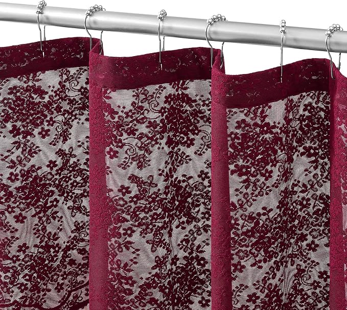 TUDECO Stall Burgundy Shower Curtain Bathroom, 36W x 72L Inch | Antique, Dark Red Floral, Semi Sheer, Scalloped Edges, Attached Valance, Reinforced Holes, Machine Washable