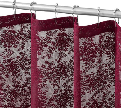 TUDECO Stall Burgundy Shower Curtain Bathroom, 36W x 72L Inch | Antique, Dark Red Floral, Semi Sheer, Scalloped Edges, Attached Valance, Reinforced Holes, Machine Washable