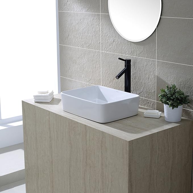 Kraus KCV-121-ORB White Rectangular Ceramic Sink with Pop Up Drain, Oil Rubbed Bronze