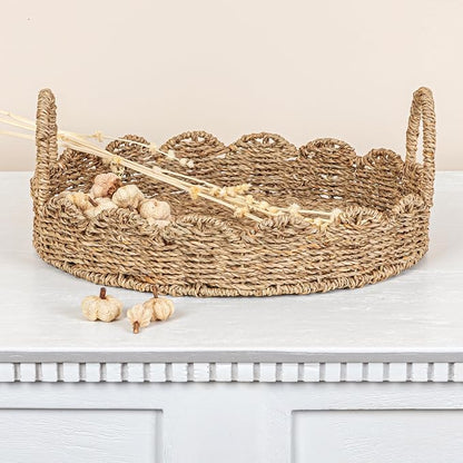 Household Essentials Round Handwoven Seagrass Tray with Scalloped Edge and Handles, Natural