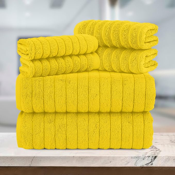 Elegant Comfort 100% Turkish Cotton Corduroy Ribbed Luxury Bath Towels 6-Piece Set, Premium Feel - Quick Dry, Highly Absorbent, Contains 2 Bath Towels, 2 Hand Towels, and 2 Washcloths, Yellow