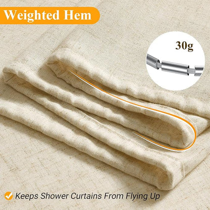 Extra Long 90 Inch Shower Curtain, Beige Linen Hotel Luxury Country Boho Farmhouse Shower Curtains for Bathroom Weighted Fabric Hotel Luxury Bath Curtains Set with Hooks, 72x90，Cream