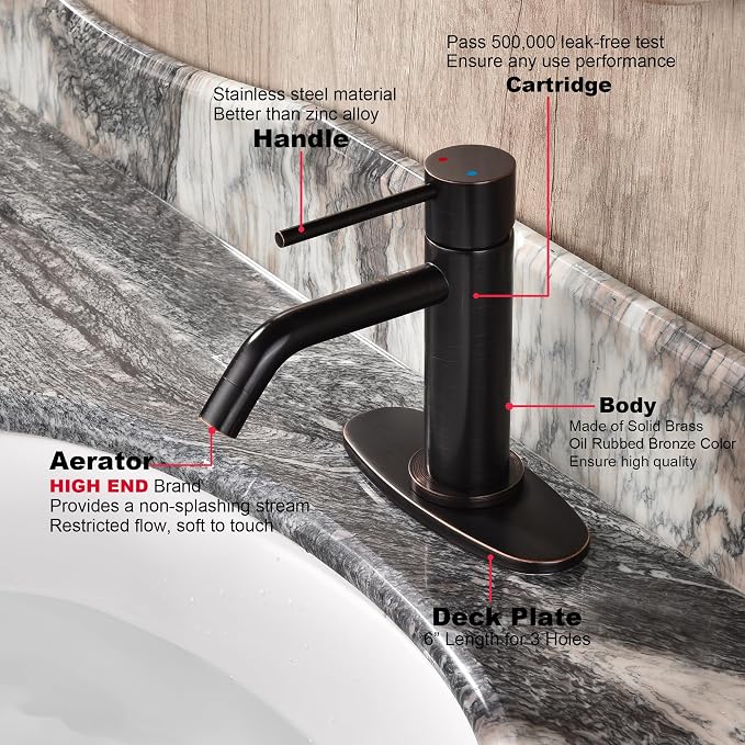 Oil Rubbed Bronze Bathroom Faucets Single Hole with 6 inch Deck Plate, JXMMP 1 Handle Rubbed Bronze Faucet for Bathroom Sink with Pop Up Drain and Water Faucet Supply Lines