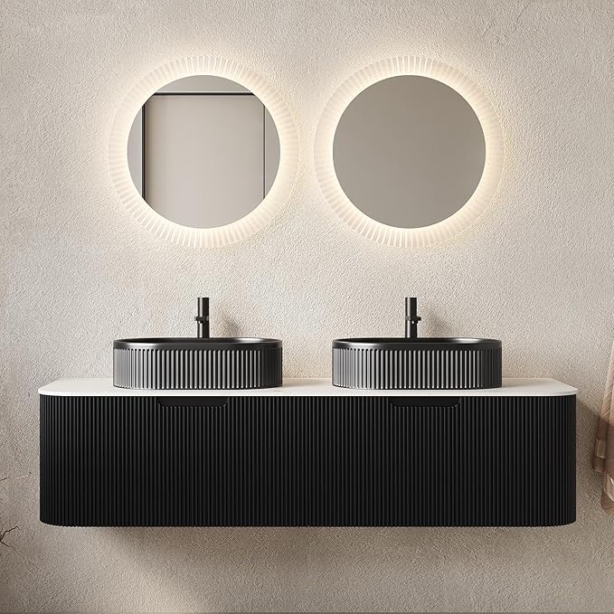 Yayzy 60" Floating Bathroom Vanity with Sink, Solid Wood Fluted Cabinet, Black Fluted Oval Ceramic Basin & Faux Marble Top, Soft-Close Drawer, Pre-Assembled, Gloss Black