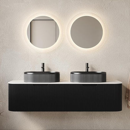 Yayzy 60" Floating Bathroom Vanity with Sink, Solid Wood Fluted Cabinet, Black Fluted Oval Ceramic Basin & Faux Marble Top, Soft-Close Drawer, Pre-Assembled, Gloss Black