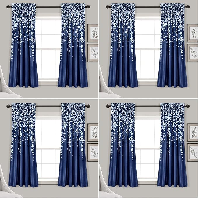 Lush Decor Weeping Flower Light Filtering Window Curtain Panels, Pair, 52" W x 63" L + 2" Header, Navy - Charming Modern Floral Curtains for Living Room, Dining Room, & Bedroom (Pack of 8)