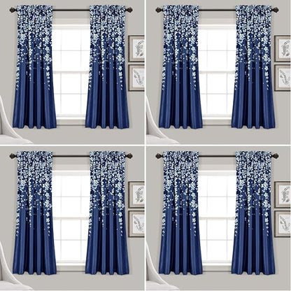 Lush Decor Weeping Flower Light Filtering Window Curtain Panels, Pair, 52" W x 63" L + 2" Header, Navy - Charming Modern Floral Curtains for Living Room, Dining Room, & Bedroom (Pack of 8)