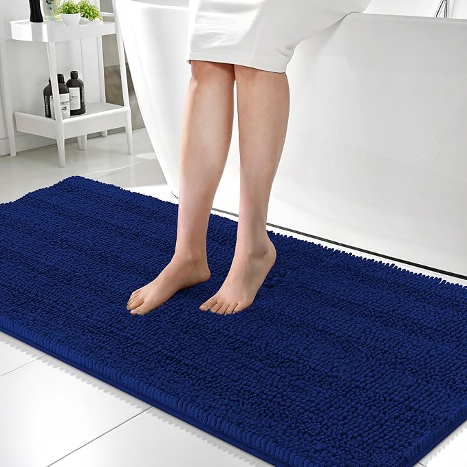 OLANLY Thick Bathroom Runner Rugs 59x24, Soft Chenille Long Bath Rugs, Navy | Absorbent Striped, Rubber Backing, Machine Wash, Bath Mats for Bathroom Floor, Tub and Shower, Home Decor Accessories