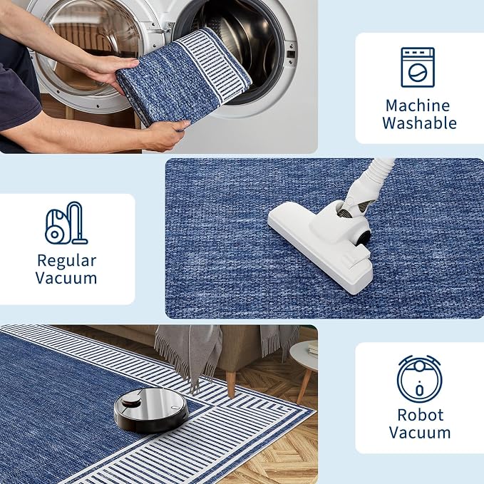 Garvee Modern Bordered Neutral Rugs for Living Room 8x10 Washable Rug Blue | Large Non Slip Low Pile Soft Carpet Foldable Non-Shedding Woven Printed Floor Cover for Bedroom Playroom Nursery Office Dorm