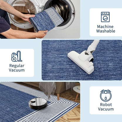 Garvee Modern Bordered Neutral Rugs for Living Room 8x10 Washable Rug Blue | Large Non Slip Low Pile Soft Carpet Foldable Non-Shedding Woven Printed Floor Cover for Bedroom Playroom Nursery Office Dorm