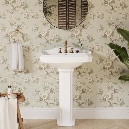Bathroom Pedestal Sink 23 X 19 Inch | Classic Ceramic Basin with Backsplash, 3 Faucet Holes (8 Inch Widespread), Space-Saving Design for Small Bathrooms