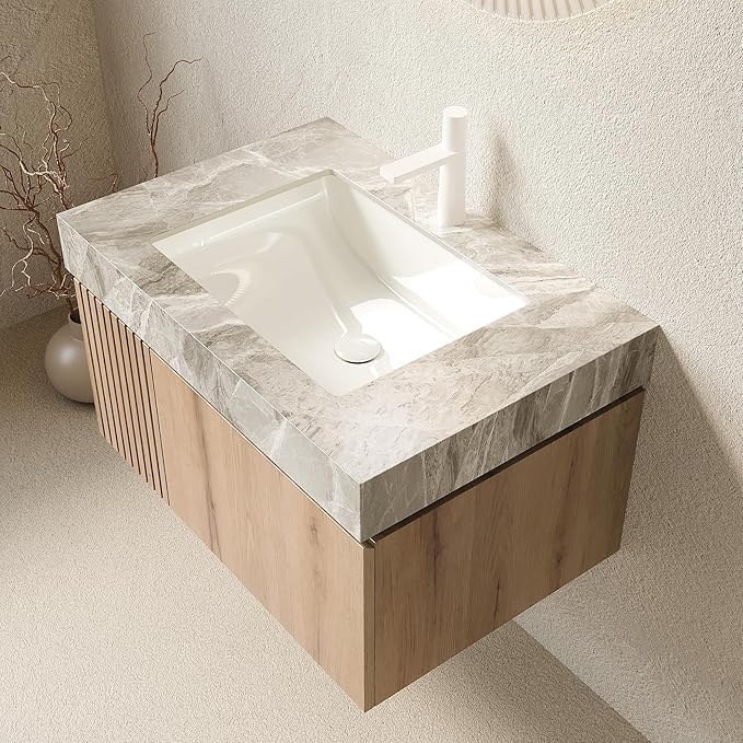 Ambrovina 30" Floating Bathroom Vanity with Sink, Modern Plywood Bathroom Storage Cabinet with Drawer and Door, Gray Sintered Stone Countertop and White Ceramic Basin, Pre-Assembled, Light Oak