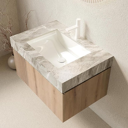 Ambrovina 30" Floating Bathroom Vanity with Sink, Modern Plywood Bathroom Storage Cabinet with Drawer and Door, Gray Sintered Stone Countertop and White Ceramic Basin, Pre-Assembled, Light Oak