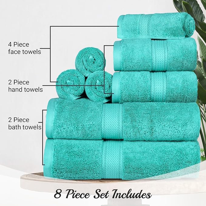 SUPERIOR Egyptian Cotton Ultra Plush & Absorbent, 8 Piece Set, Turquoise | Quick Dry, Soft Luxury Towel Set, Bath Essentials, Guest Bath, Spa, 2 Bath, 2 Hand, 4 Face Towels, Madeline Towels