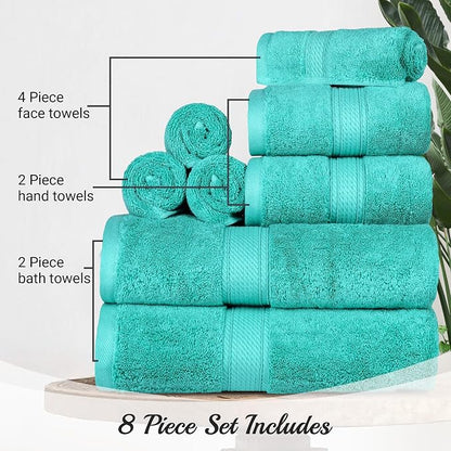 SUPERIOR Egyptian Cotton Ultra Plush & Absorbent, 8 Piece Set, Turquoise | Quick Dry, Soft Luxury Towel Set, Bath Essentials, Guest Bath, Spa, 2 Bath, 2 Hand, 4 Face Towels, Madeline Towels