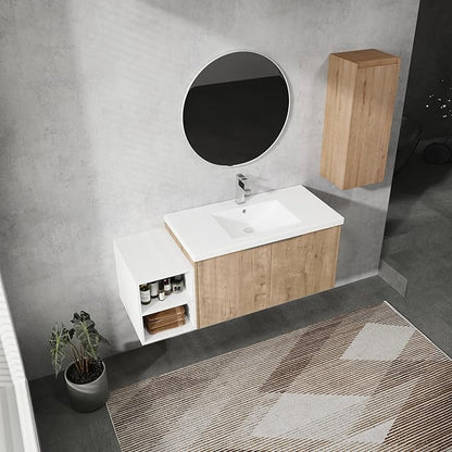 Henf 48" Floating Bathroom Vanity with Sink for Compact Space, Brown Wall Mount Bathroom Vanity Cabinet with Sink Combo, 48 Inch Bathroom Vanities Set with Open Storage Shelf & Side Cabinet