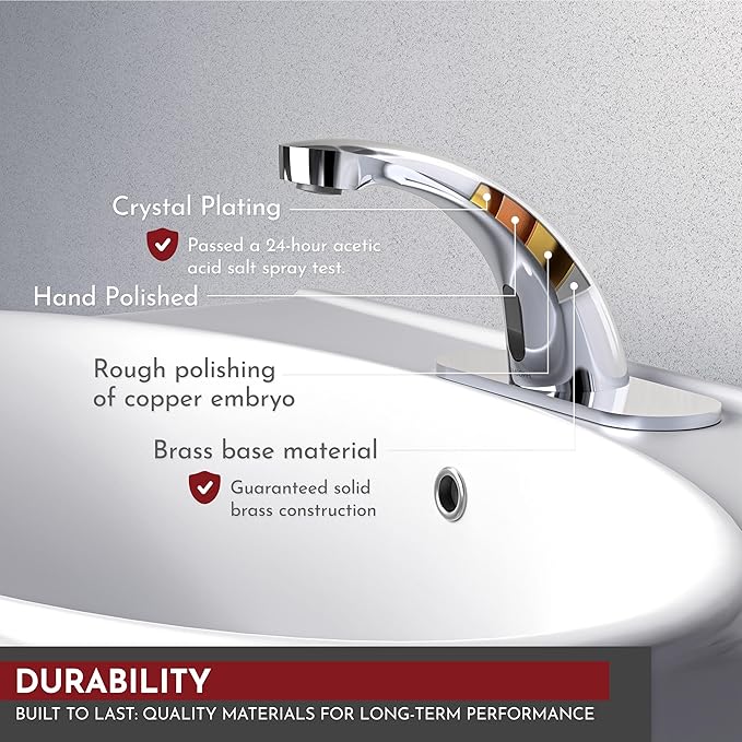 PRIMSOPH Automatic Motion Sensor Hands Free Electronic Infrared Smart Commercial Touchless Bathroom Sink Faucet with Cover Plate Temperature Mixer Battery or Plug-in Powered Chrome