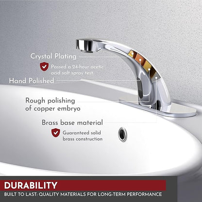 PRIMSOPH Automatic Motion Sensor Hands Free Electronic Infrared Smart Commercial Touchless Bathroom Sink Faucet with Cover Plate Temperature Mixer Battery or Plug-in Powered Chrome