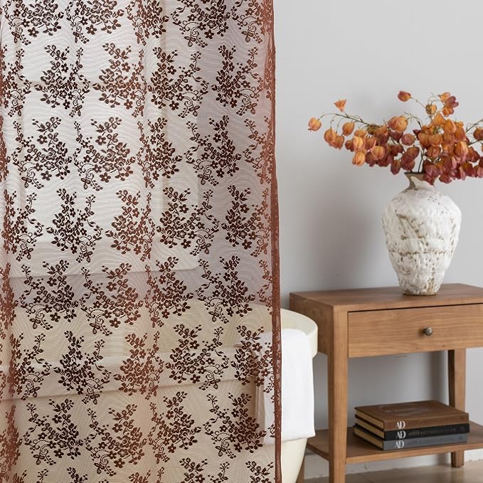 TUDECO Brown Lace Stall Shower Curtains for Narrow Bathroom, 36''W x 72''L | Half Size, Vintage Floral, Sheer, Masculine, Scalloped Edges, Attached Valance, Reinforced Holes, Machine Washable