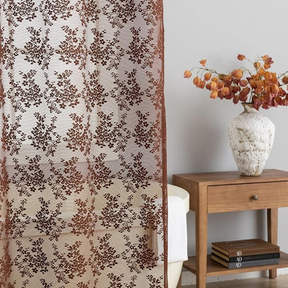 TUDECO Brown Lace Stall Shower Curtains for Narrow Bathroom, 36''W x 72''L | Half Size, Vintage Floral, Sheer, Masculine, Scalloped Edges, Attached Valance, Reinforced Holes, Machine Washable