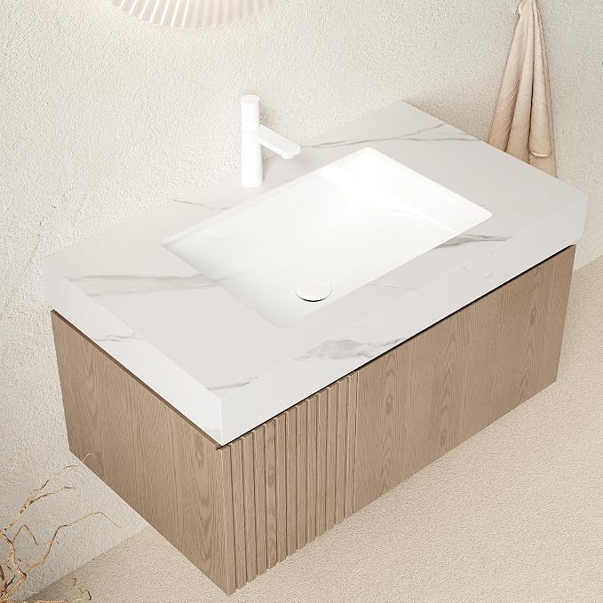 KEIKI 36 Inch Floating Bathroom Vanity with Sink, Light Brown & White | Modern Wall Mounted Storage Cabinet w/ Drawer & Door, Pre-assembled Wood Panels, Sintered Stone Top & Ceramic Basin Combo Set