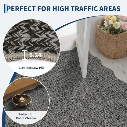Imitation Braided Collection-Print Washable Area Rug 4x6 Scalloped Entryway Rug with Non Slip Rubber Backing, Farmhouse Soft Low Pile Rustic Accent Rug for Living Room Bedroom Dining Room