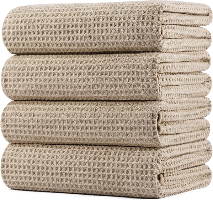 POLYTE 430 GSM Poly Blend Microfiber Quick Dry Waffle Bath Towel, 30x60 in | 4 Pack, Oversize, Lint Free, Body Towel