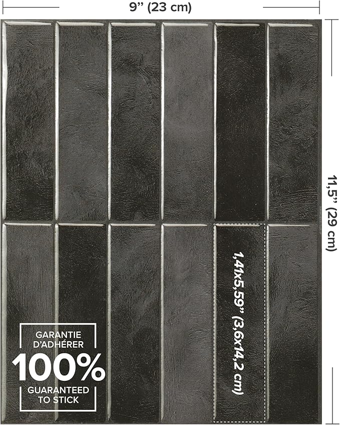 Smart Tiles Peel and Stick backsplash, Stacked Graphite Black, 11.43"x9" | Pack of 5 (3.5 sq ft), Glossy, Heat/Moisture Resistant, Low VOC, Kitchen/Bathroom, Renter Friendly, Made in Canada