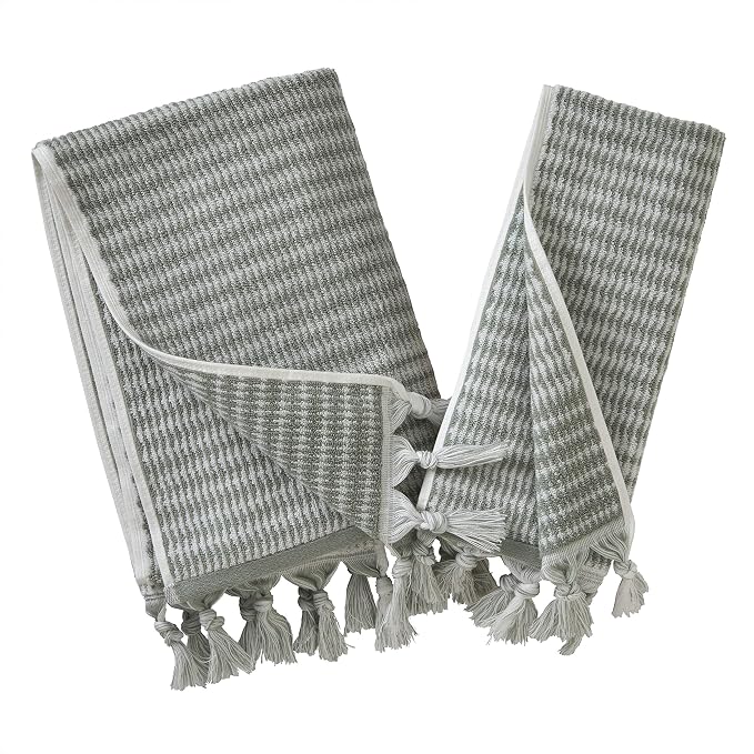 SKL Home Longborough Bath Towel, 100% Turkish Cotton, Sage | 640 GSM weight. Spa-level quality. Soft & absorbent jacquard with hand-knotted tassels.