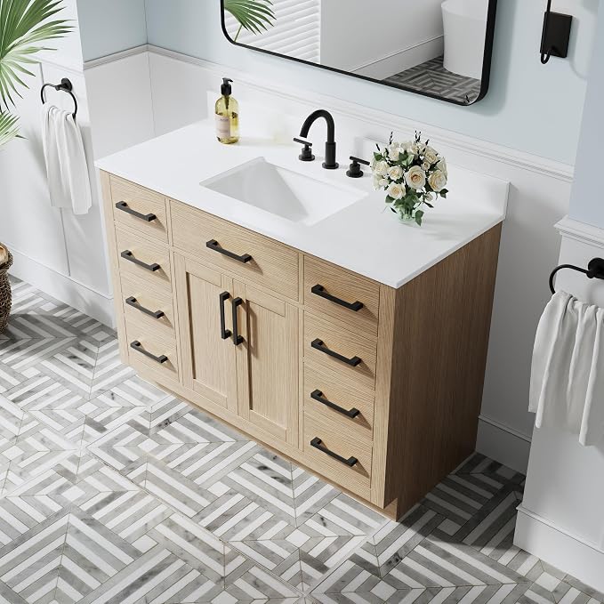 48-Inch Bathroom Vanity with Sink W/ 2 Doors & 8 Drawers & 1 Flip Drawer, Oak Vanity W/Matte Black Handles