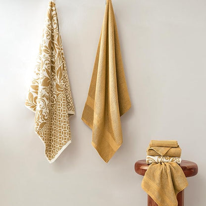 Modern Threads Botanical Vine 6-Piece 100% Cotton Towel Set – Reversible Yarn Dyed Jacquard – Includes 2 Bath Towels, 2 Hand Towels, 2 Washcloths – Absorbent, Quick Dry, Soft & Durable – Gold