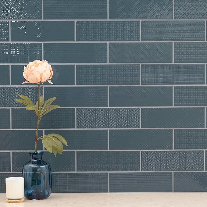 M S International Urbano Navy Glossy Mix Ceramic Subway Wall Tile for Bathroom, Kitchen Backsplash, Accent, and Shower - Sample