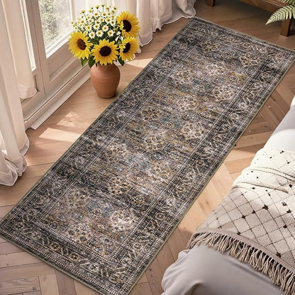 Washable Floral 2x6 Kitchen Rugs, Vintage Distressed Print Non Slip Hallway Runner, Retro Accent Ultra Thin Low Pile Throw Carpet for Entryway Bedroom Laundry Bathroom, Red Brown