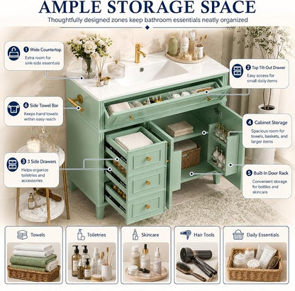 Bellemave 36" Bathroom Vanity with Sink, Bathroom vanities, Green Bathroom Vanity with Drawers, Sink Cabinet, Sage Green, 36Inch