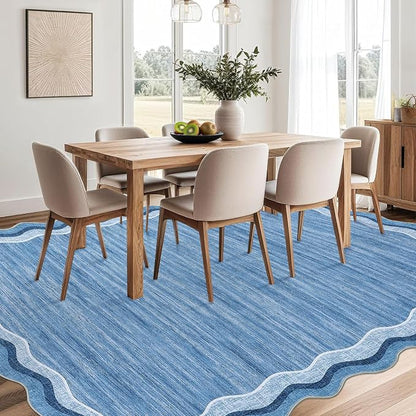 Garvee Scalloped Rug 10x13 Washable Area Rug for Living Room Blue | Rugs for Living Room, Non-Slip Soft Carpet for Bedroom, Scalloped Low-Pile Solid Rug Accent Rug for Dining Room Home Office