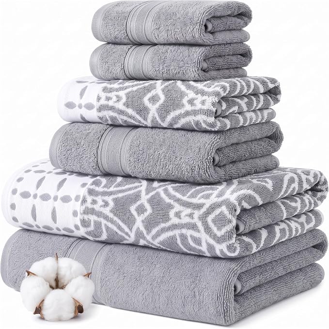 Modern Threads Monroe 6-Piece 100% Cotton Towel Set – Reversible Yarn Dyed Jacquard & Solid – Includes 2 Bath Towels, 2 Hand Towels, 2 Washcloths – Absorbent, Quick Dry, Soft & Durable – Stone